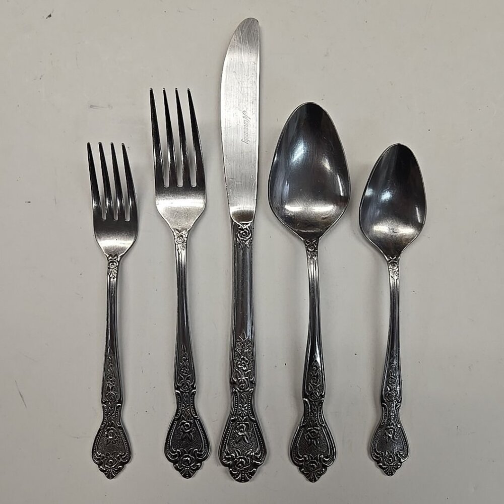VTG Lot of 5 NORMANDY Rose Stainless Steel Flatware Dinner Forks Spoons Knife